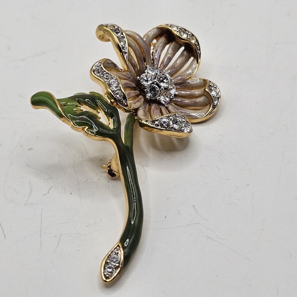 VTG Nolan Miller Brooch Floral Enamel Rhinestones Flower Gold Tone Jewelry READ